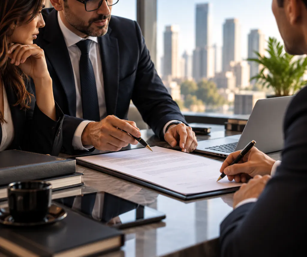Sócios revisando e assinando um documento em reunião com o advogado