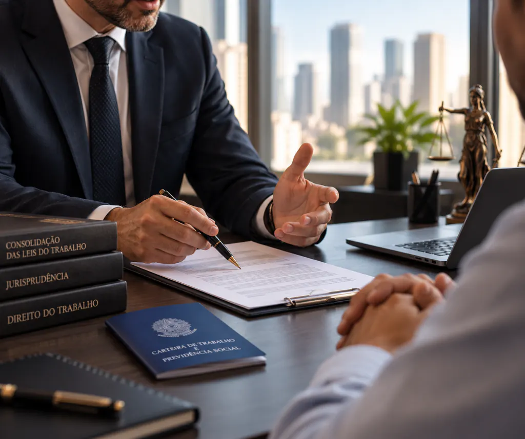Advogado explicando um documento ao cliente, com a CLT e uma carteira de trabalho sobre a mesa