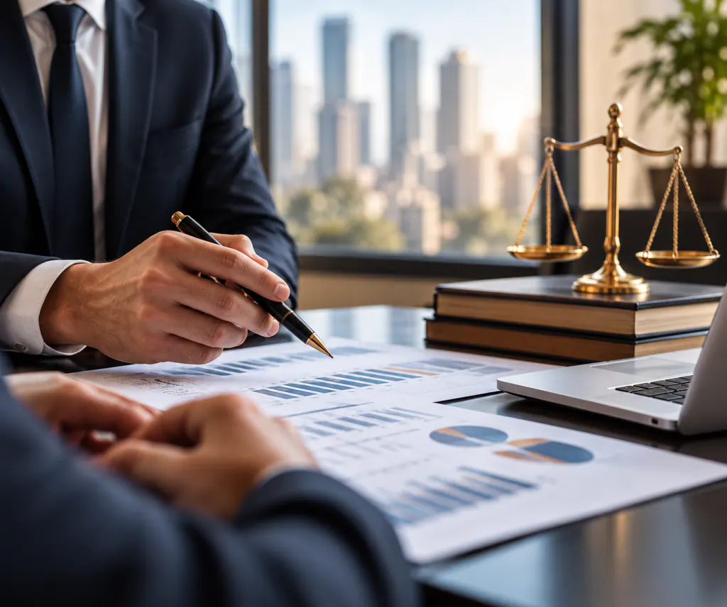 Advogado analisando relatórios com gráficos sobre a mesa, ao lado de uma balança da justiça