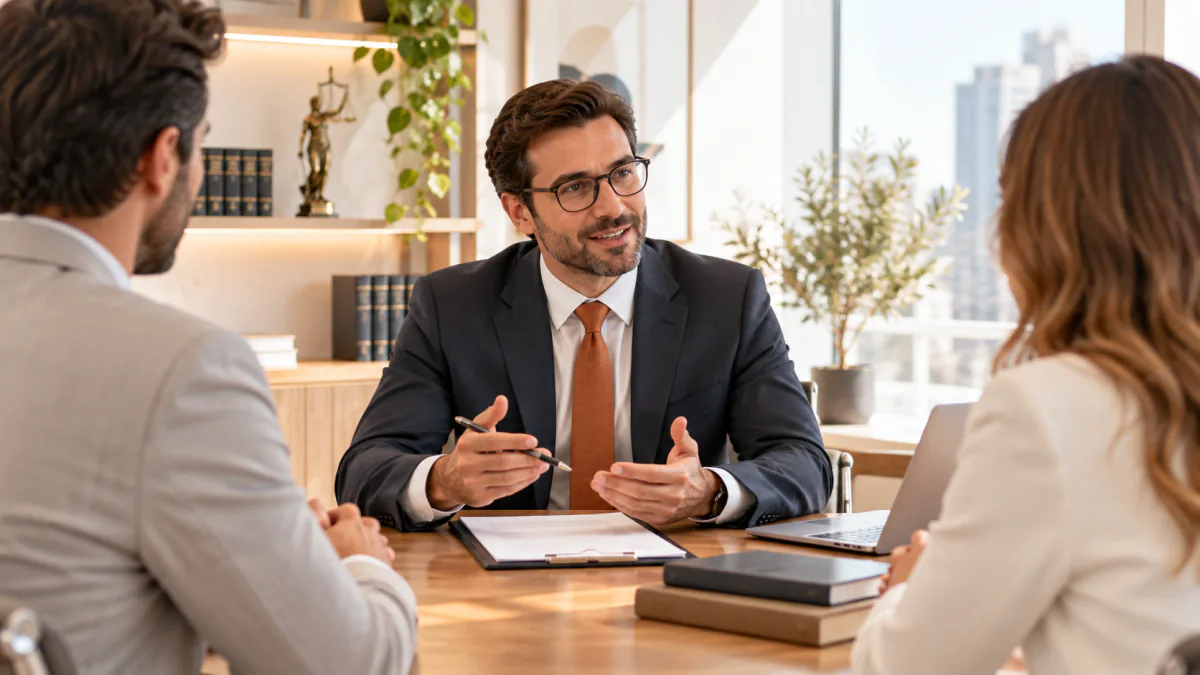 Advogado do escritório conversando com dois clientes à mesa de reunião