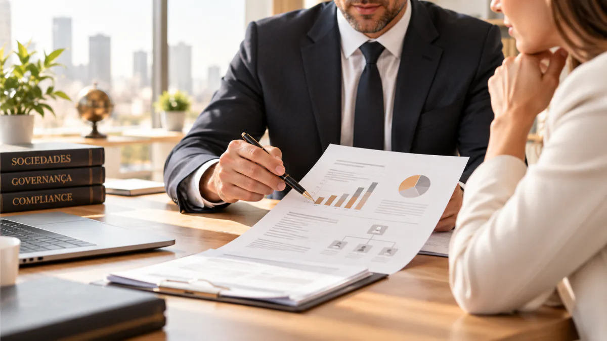Advogado apontando para um relatório com gráficos e organograma societário